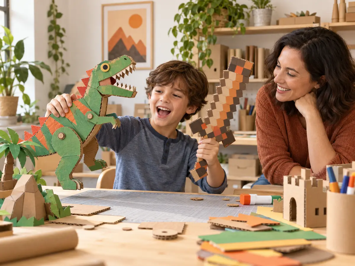 Child enjoying handmade cardboard toys with a parent