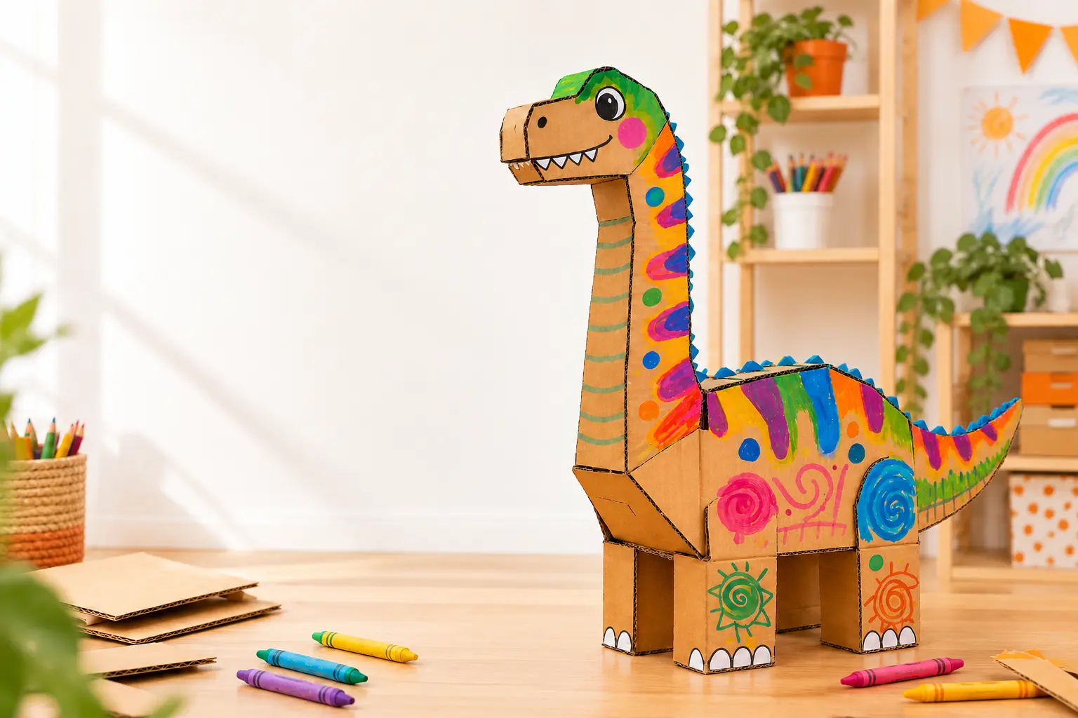 Colorfully painted handmade cardboard dinosaur