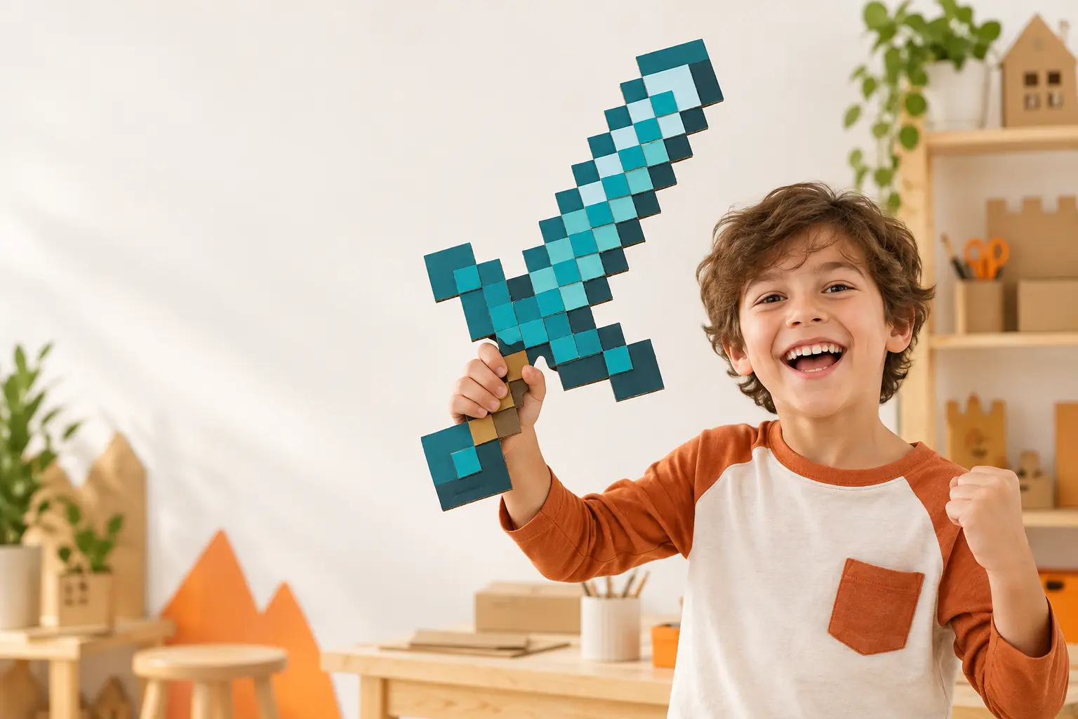 Child holding a handmade cardboard diamond sword