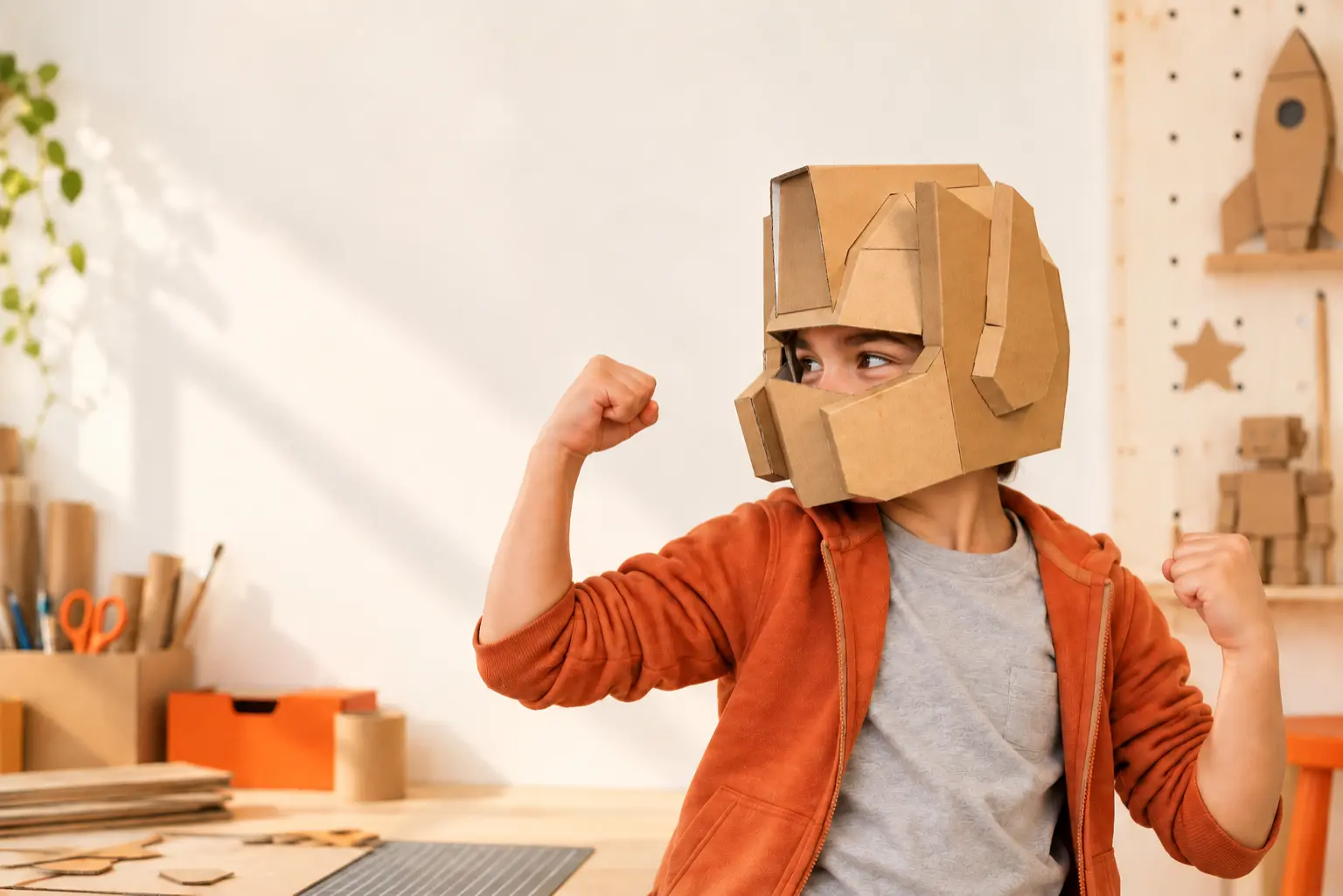 Child wearing a handmade Cardboard Lab helmet